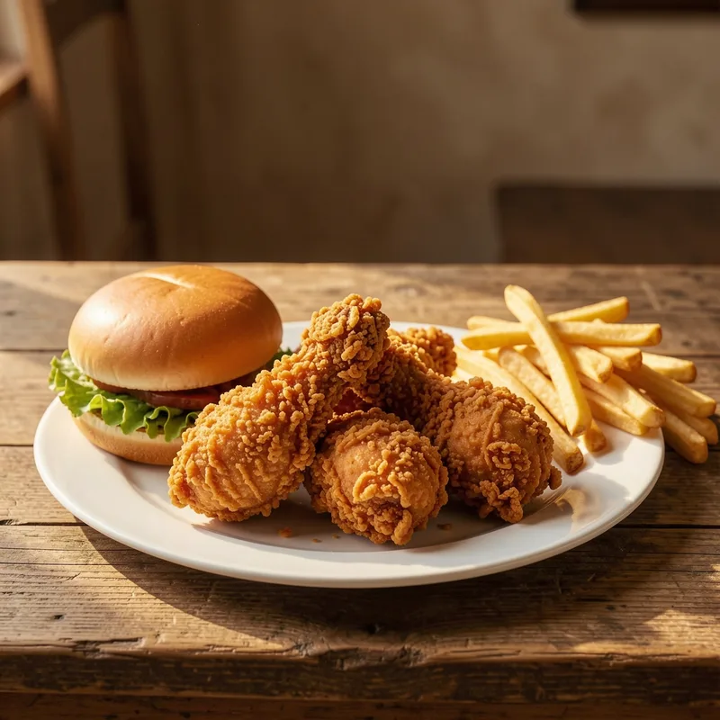 Plateau de poulet frit croustillant, burger maison et frites dorées posés sur une planche en bois